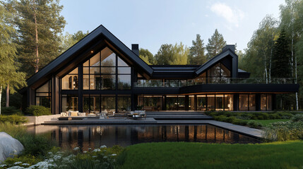 Obraz premium Elegant Modern Home: Capturing the essence of contemporary luxury, a stunning modern house with sleek lines and expansive glass windows reflects in a serene pool of water.
