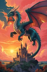 """
Fantasy dragon flying over castle at sunset with glowing clouds