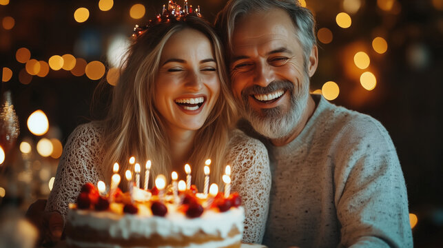 a joyful moment of a couple celebrating a birthday together, sharing a cake and laughter
