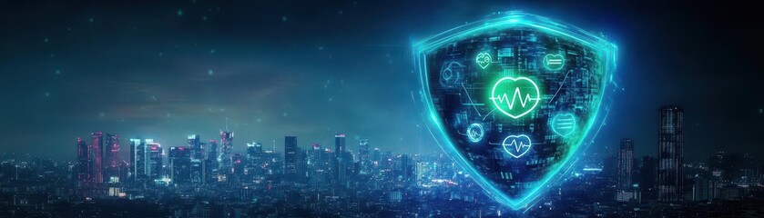 Futuristic Cityscape with Innovative Shield Design Towering Above Modern Skyscrapers and Vibrant Neon Lights Underneath a Starry Night Sky