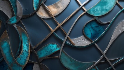 Dark blue background with metallic blue and gold abstract shapes and intersecting lines