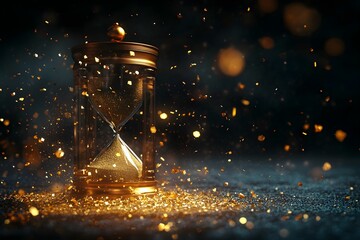 An hourglass with sand falling on a black background with a broken glass effect.