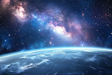 A view of earth from space with a vibrant milky way galaxy and starry background above it all