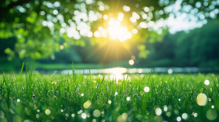 Obraz premium Sunlit Meadow: A vibrant, sun-drenched scene unfolds, where a lush meadow of grass shimmers with sunlight, inviting viewers to immerse themselves in the rejuvenating embrace of nature.