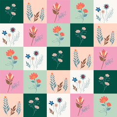 A seamless checkered pattern featuring colorful floral motifs various delicate field flowers in blue, pink, green, and beige. Perfect for textiles, wallpapers, and decorative designs.