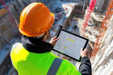 civil engineer or architect with hardhat on construction site checking schedule on tablet computer