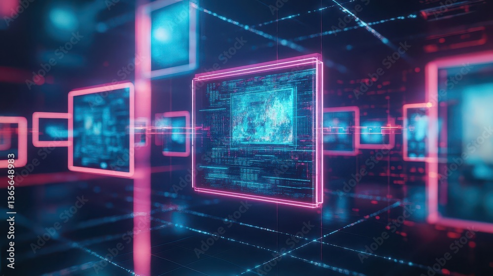 Poster a computer screen displaying a digital portrait of a man in a modern workspace highlighting technolo
