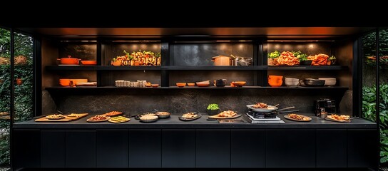 A well lit display of prepared food and kitchenware items