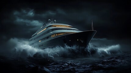 Luxurious yacht battles stormy seas at night