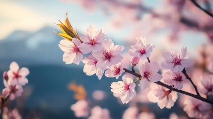 Macro view of cherry blossom stamens and dewdrops under golden hour light, hyper-detailed botanical accuracy with shallow depth of field blurring mountain valley. Scientific visualization for biology 