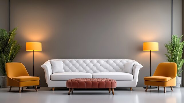 mock up ,Stylish luxury room interior with furniture template, white capitone  sofa in big room 