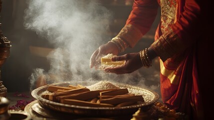 A woman in a red sari performs a ritual, adding a piece of ghee to burning sandalwood and rice.  Smoke and incense fill the air, creating a mystical atmosphere.
