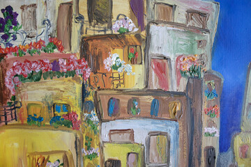Colorful charming small town original painting. Blooming windows, balconies with potted flowers.