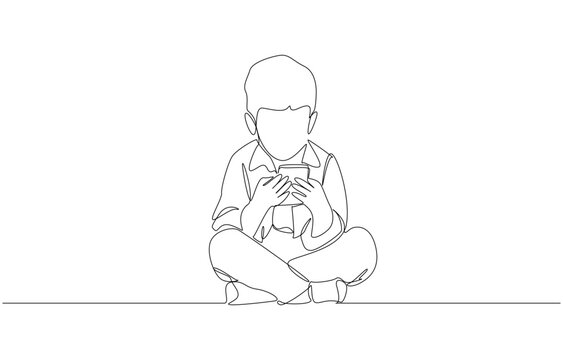 Continuous one line drawing of boy sitting on floor playing mobile games, mobile phone addiction behavior in childhood concept, single line art