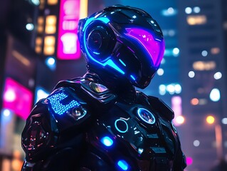 22. A futuristic cybernetic warrior with neon-lit armor