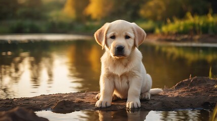 Obraz premium A chubby Labrador Retriever puppy sitting beside a pond, soft golden fur, dreamy atmosphere, ultra-HD details, warm sunlight glow