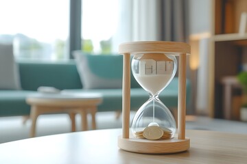 An hourglass with coins and a house model on a table