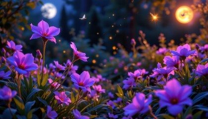 Mystical Twilight Garden Depict a garden scene at dusk where the purple flowers are bathed in soft moonlight