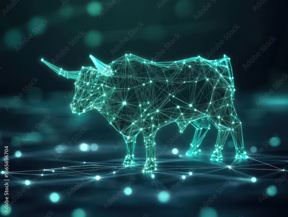 Poster abstract representation of a bull formed by intricate network of dots and lines illustrating strengt