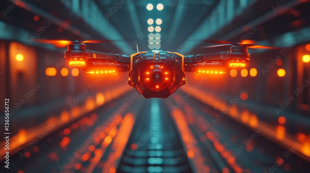 Poster a cutting edge drone equipped with advanced sensors hovers in a subway station, showcasing innovatio