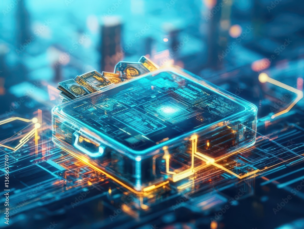Poster close up view of a computer processor on a detailed circuit board showcasing advanced technology and