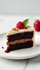 Single slice moist chocolate cake, elegant white plate, simple background, closeup, moist, texture