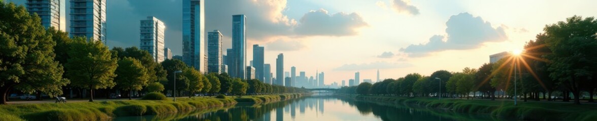 Obraz premium Sleek glass towers amidst lush parks, vibrant city life , lines, nature