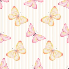 Seamless pattern with hand drawn colorful watercolor butterflies on yellow stripes. Perfect for textile, wrapping paper, fabric, backdrop, wall hanging, scrapbooking, home decoration, bedding