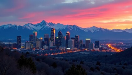 Denver skyline, Rocky Mountains backdrop, dramatic angle, aerial, sunrise