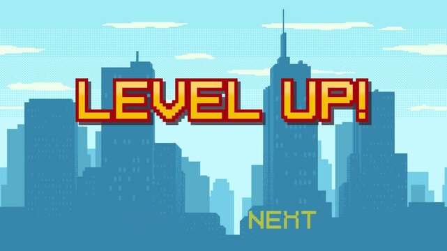 Pixel art game background animation with Level Up text and city background. Animated game arcade screen for game design. Retro style GUI design.