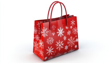 Red festive shopping bag adorned with snowflakes, placed on a white background for holiday promotions