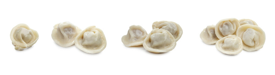 Tasty boiled dumplings on white background, set