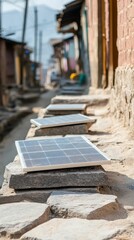 Solar panels are placed along a narrow street, showcasing sustainable energy solutions in a rustic setting.