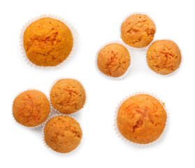 Yummy carrot muffins isolated on white, set. Top view