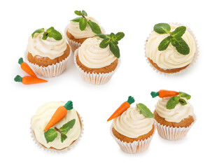 Yummy carrot cupcakes isolated on white, set