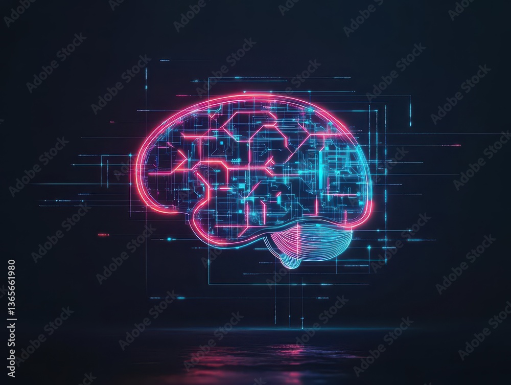 Poster vibrant neon brain illuminated in blue and red light creating an intriguing visual representation of