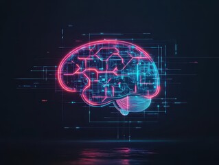 Fototapeta premium Vibrant Neon Brain Illuminated in Blue and Red Light Creating an Intriguing Visual Representation of Intelligence and Creativity in Abstract Art Style