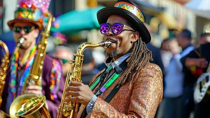 Jazz musicians performance in New Orleans. Vibrant Mardi Gras street parade. digital