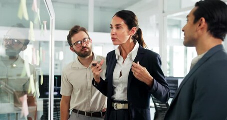 People, feedback or team at window for planning, collaboration or brainstorming at sticky notes. Employees, business or meeting in office for to do list, workflow agenda or question for new schedule