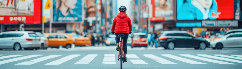 Fototapeta premium An Enthusiastic Cyclist Navigating a Bustling Urban Street Surrounded by Modern Architecture Under a Clear Blue Sky on a Bright Sunny Day Full of Life