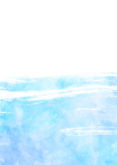 Obraz premium Blue watercolor vector background with brush strokes and splashes. Watercolor texture for cover, postcard, banner, flyer, ads. Water surface on white background. Sea. Waves. Summer illustration.