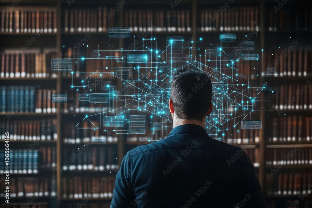 Poster focused man engaging with digital interface surrounded by books in a library creating an atmosphere 