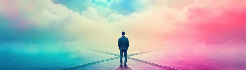 A solitary man stands confidently on a winding road beneath a vibrant rainbow sky evoking a sense of wonder and tranquility in nature's embrace