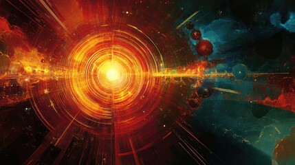 Fototapeta premium radiant abstract cosmic explosion with bright center surrounded by swirling colors. concept of energy and creation. futuristic design, digital art, sci-fi background