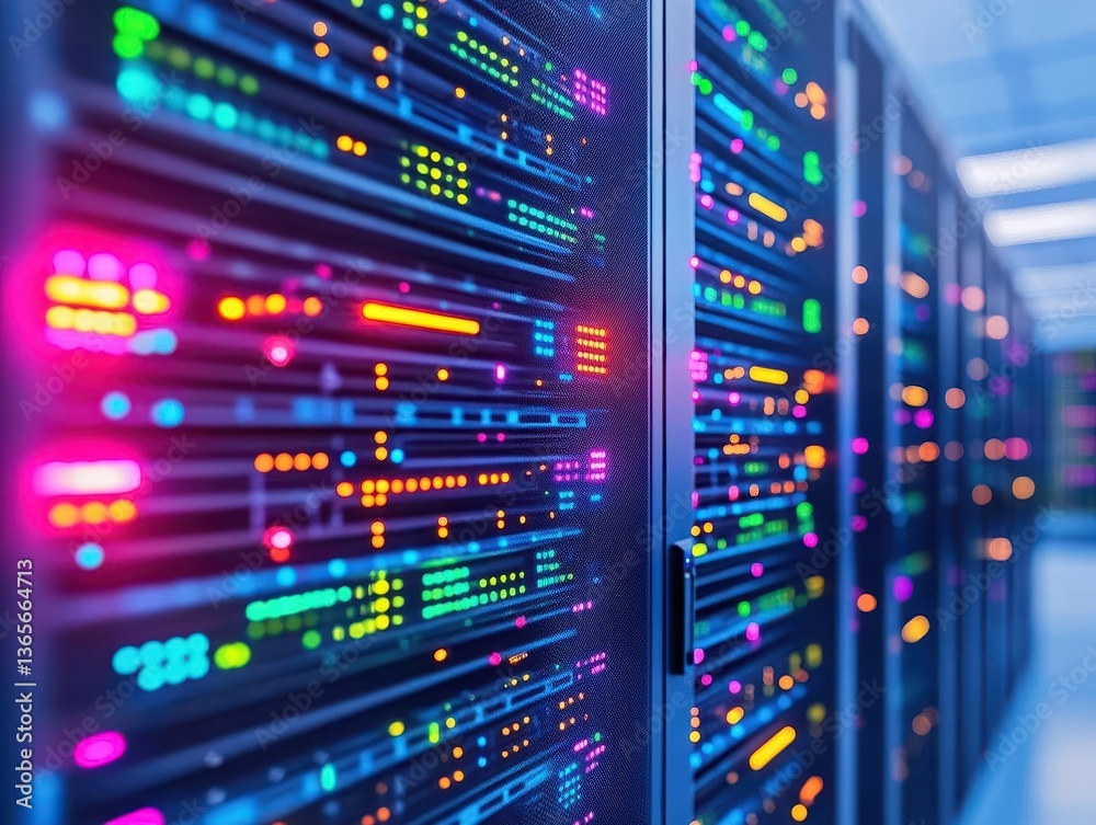 Poster a modern data center with rows of high-performance servers illuminated by soft blue lights creating 
