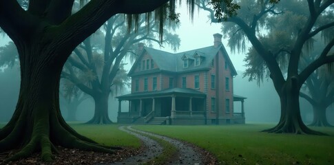 Ghostly oaks, Spanish moss, antebellum mansion, shrouded in mist, new orleans, detail