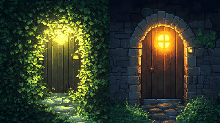 Fototapeta premium Illuminated Stone Archways with Wooden Doors amid Foliage Pixel Art Illustration Warm Lights and Stone Texture