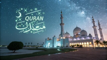 Show a grand mosque under a starry night sky, with glowing Quranic verses hovering above the mosque, creating a mystical and spiritual atmosphere