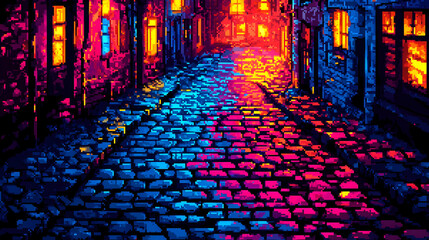 Fototapeta premium Night City Alleyway with Cobblestone Street and Vibrant Neon Lights Illuminating Buildings and Road