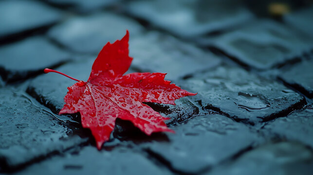 Wet red maple leaf resting on stone, evoking sense of peace and tranquility, symbolizing resilience and beauty in nature - Powered by Adobe